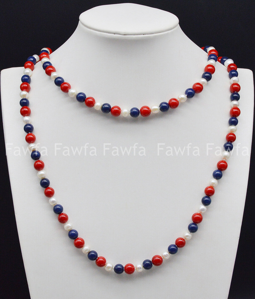 6-7mm White Pearl 8mm Red Coral Blue Lapis lazuli Round Beads Necklace 16-100”