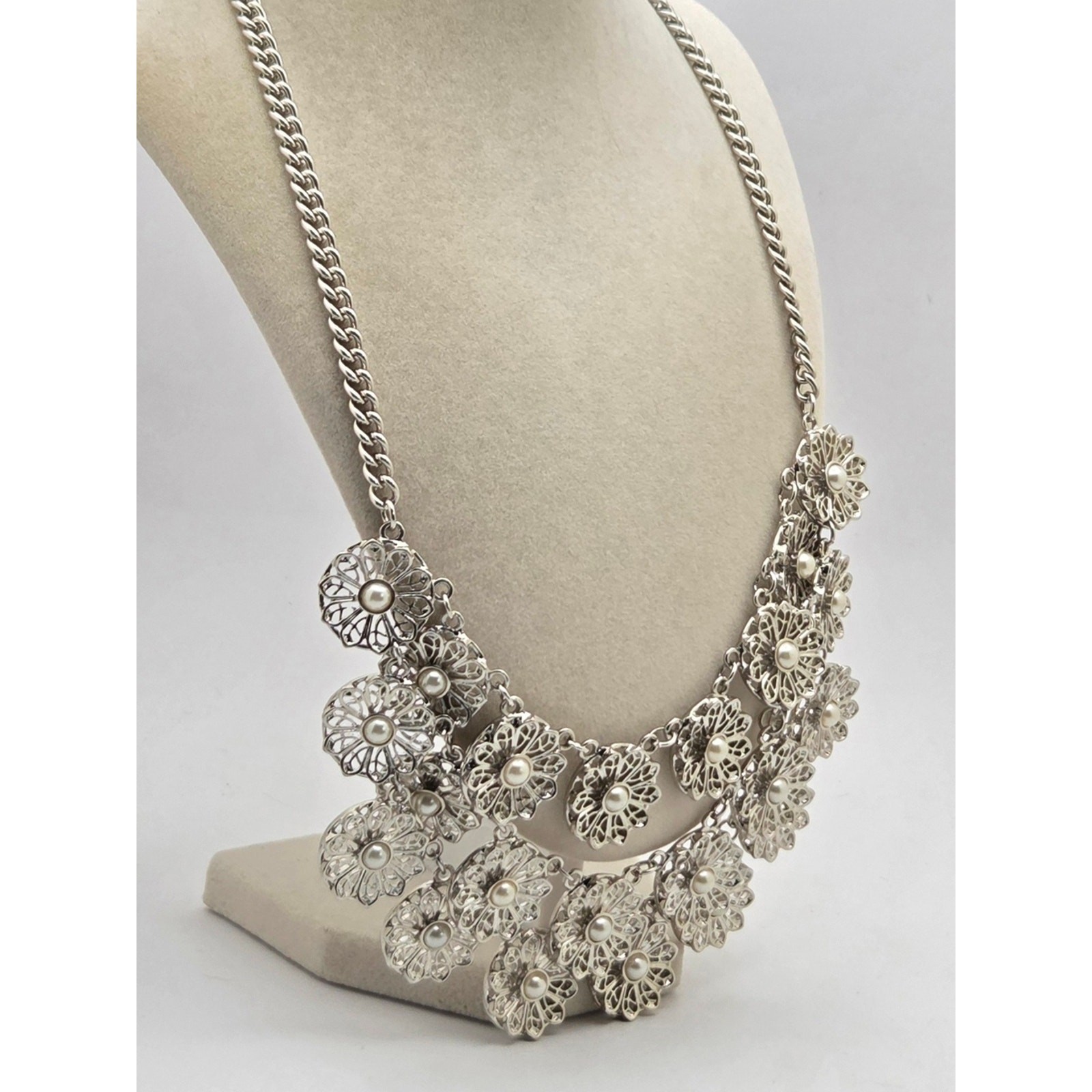 Vintage Inspired Silver Filigree Flower Faux Pearl Bib Statement Necklace 22″