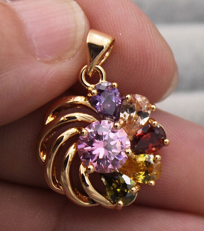 18K Yellow Gold Filled Multicolor Teardrop & Round CZ Windmill Pendant Necklace