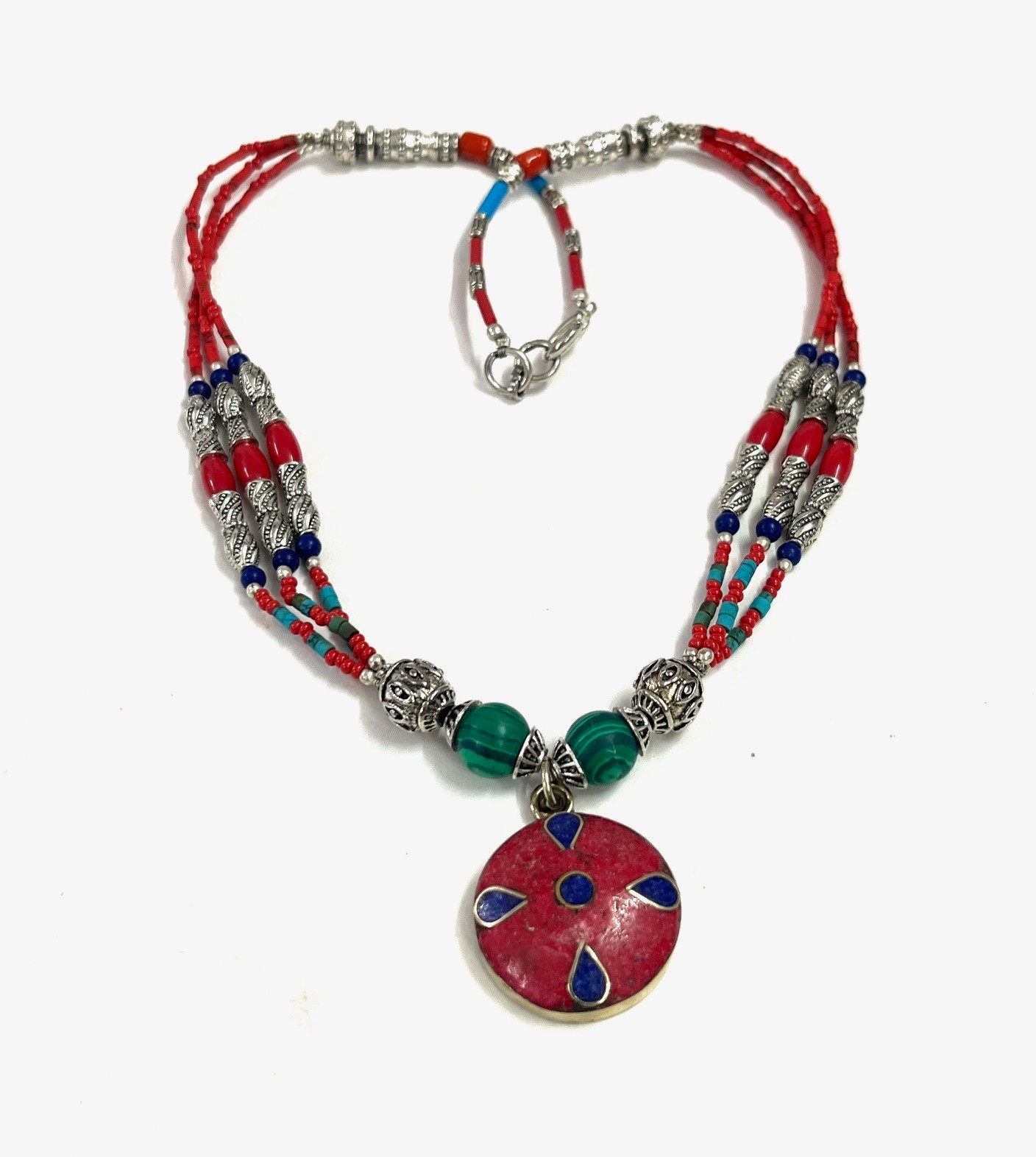 Vintage Red Coral Gemstone Tibetan Statement Necklace Jewelry, 18 inch Adjus