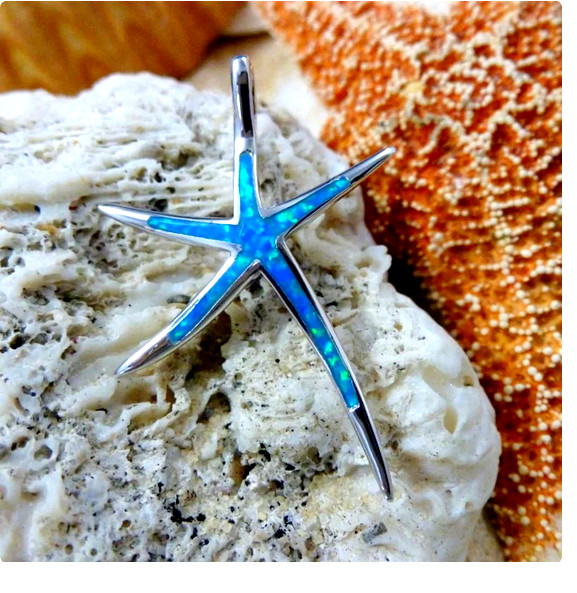 BLUE OPAL STARFISH SEA Pendant Charm On 20″ 925 Sterling Silver Necklace Women