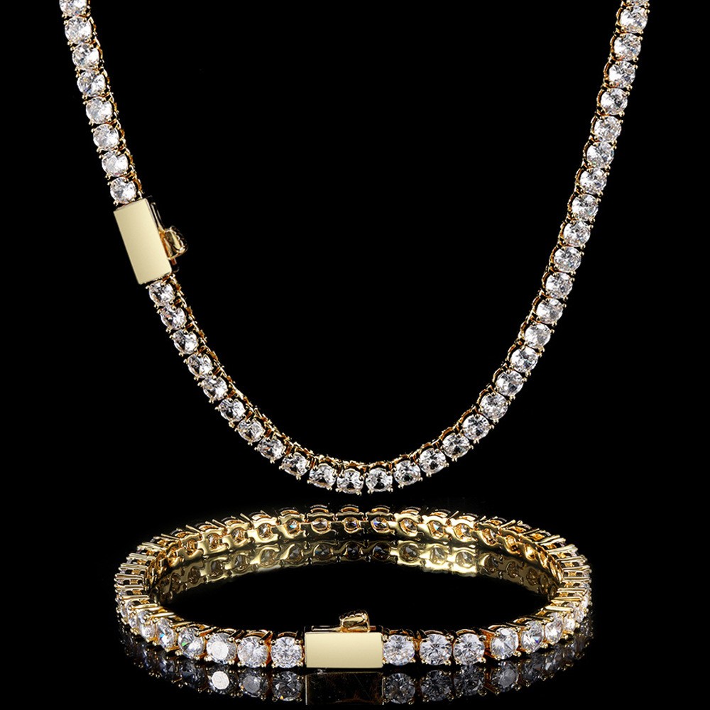 Hip Hop Tennis Chain Necklace 18K Real Gold Plated Full 5A Zircon Spring Clasp