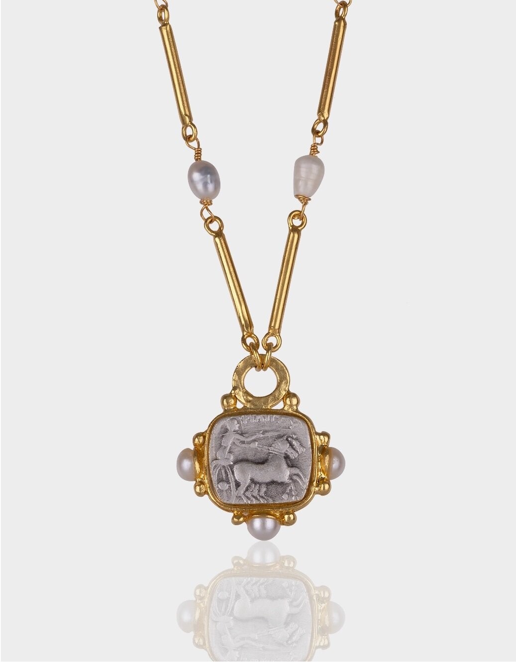 AJS Designs Roman Coin Necklace Pearl Gold Bar 22kt GP Gift
