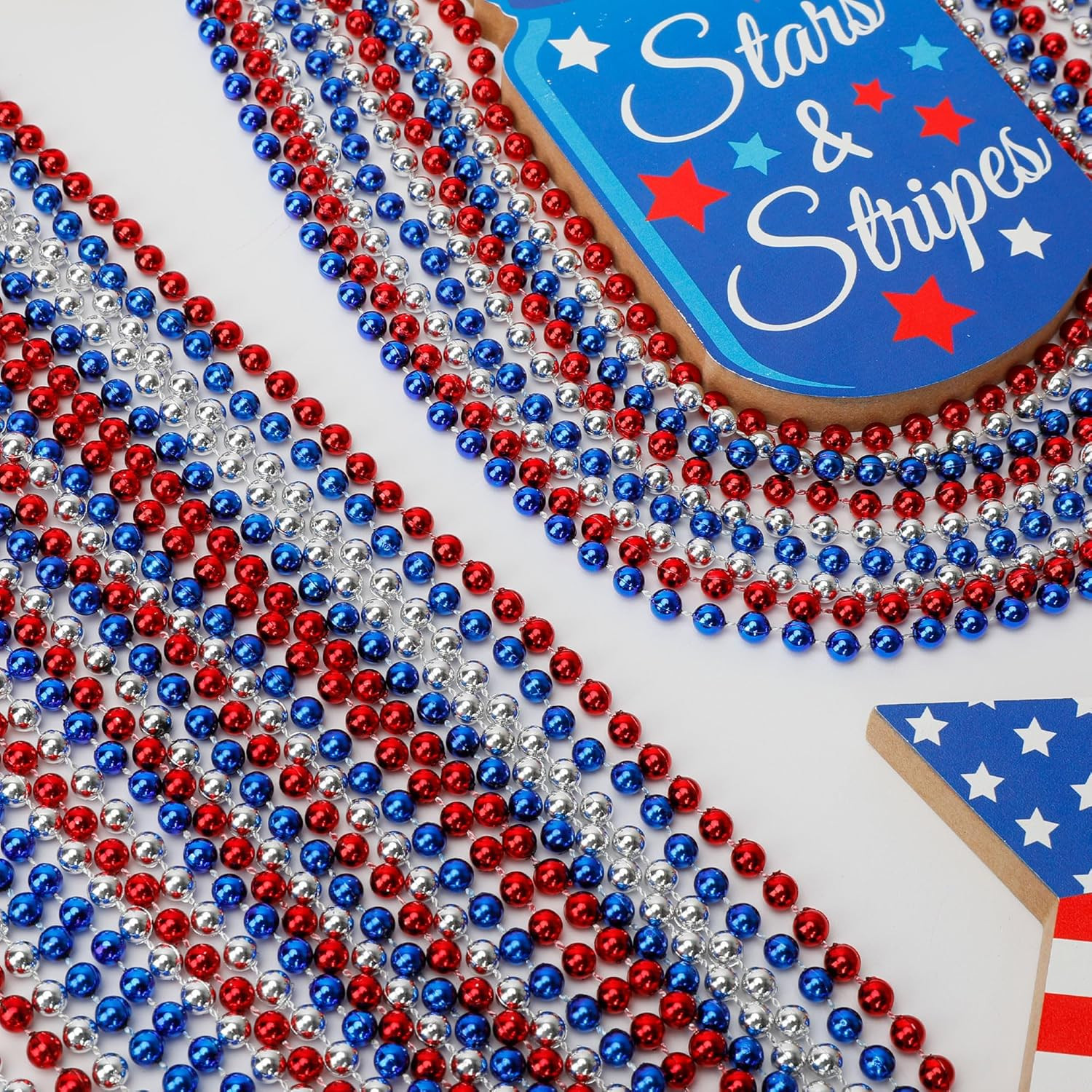200 PCS Beads Necklace, 33″ Patriotic Necklace, Red Blue Silver Fourth of July B