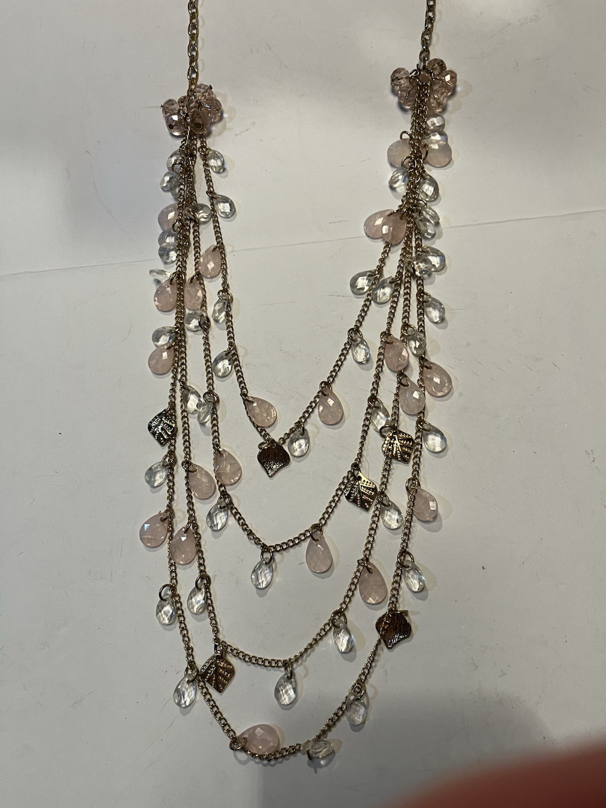 Gold Faux Pink And White Stone Necklace 18”