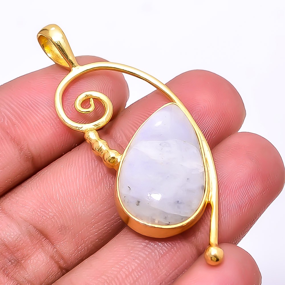 Rainbow Moonstone – India Gold Plated 925 Sterling Silver Pendant 2.07″ P28