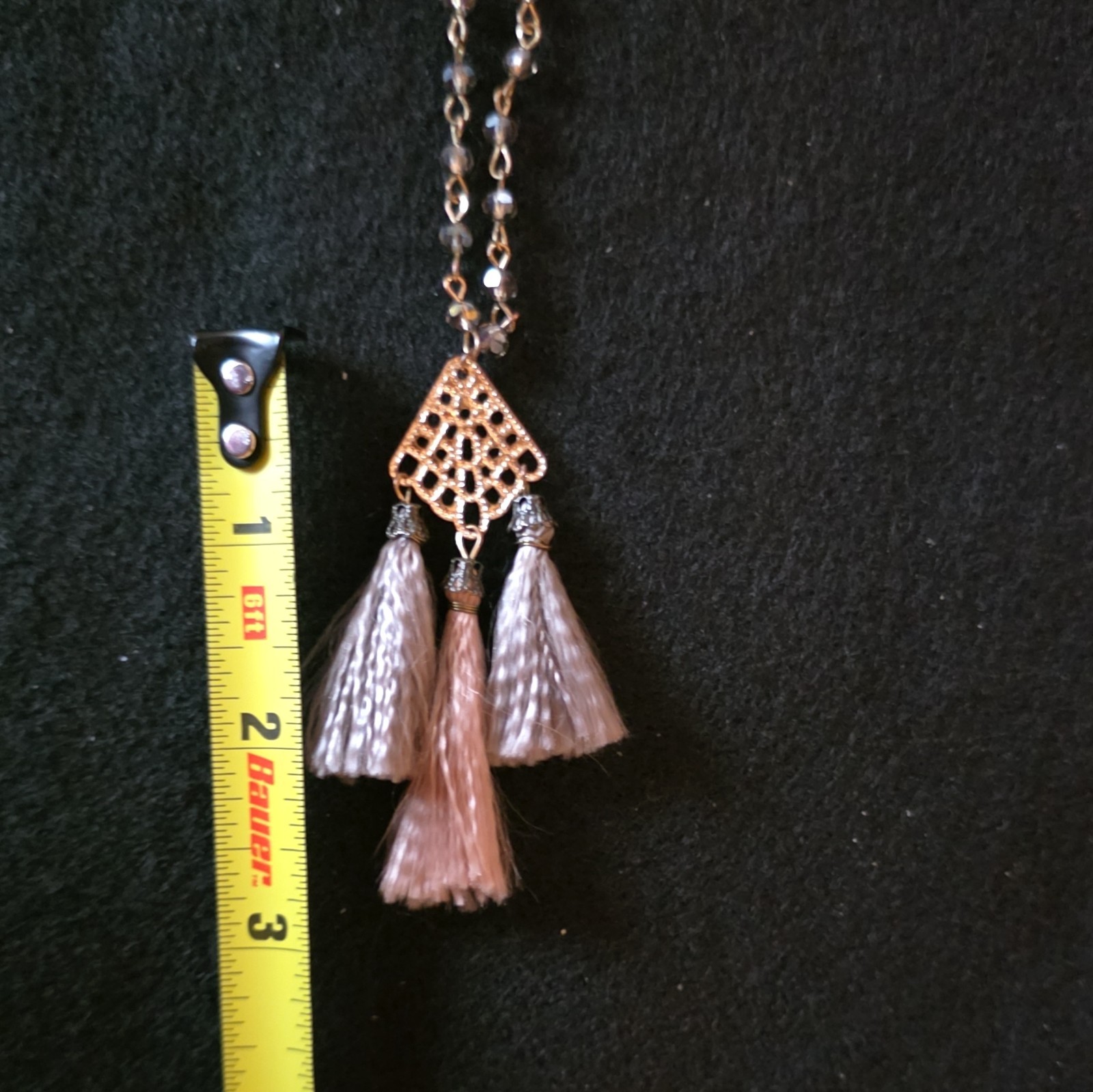 Gold Tone Cable Chain Necklace Triangle Tassel Pendant 23″ Gray Pink