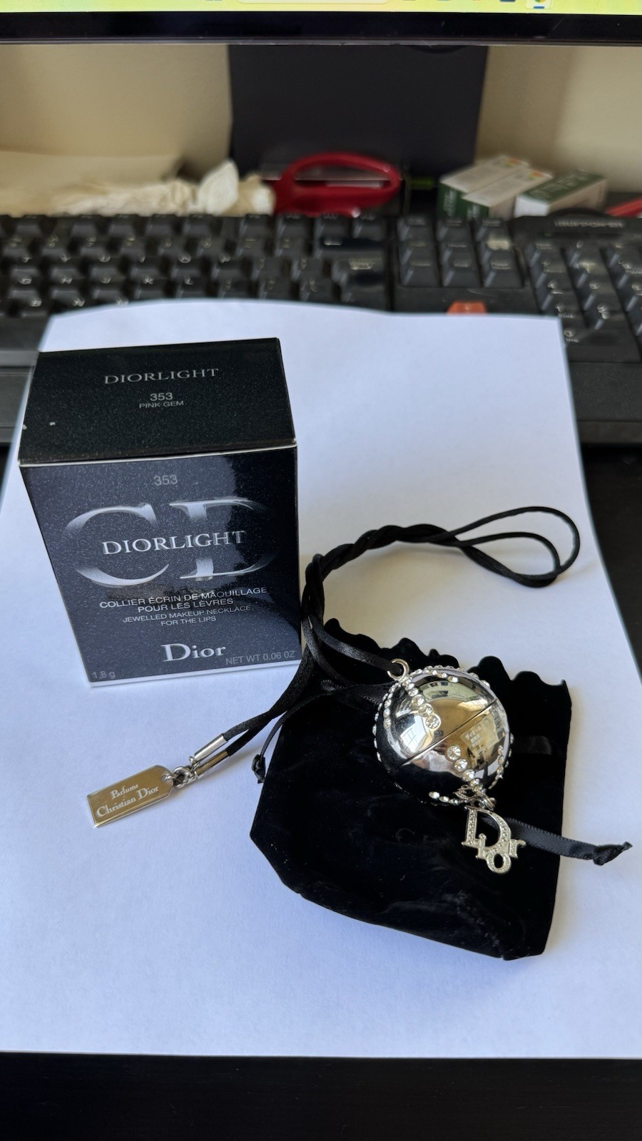 Christian Dior Diorlight Jeweled Necklace Lip Gloss #353 Pink Gem Pouch & Box