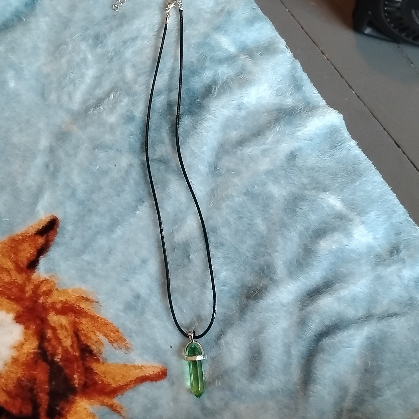 Green Crystal Point Pendant Necklace Black Cord Chain, Lobster Clasp