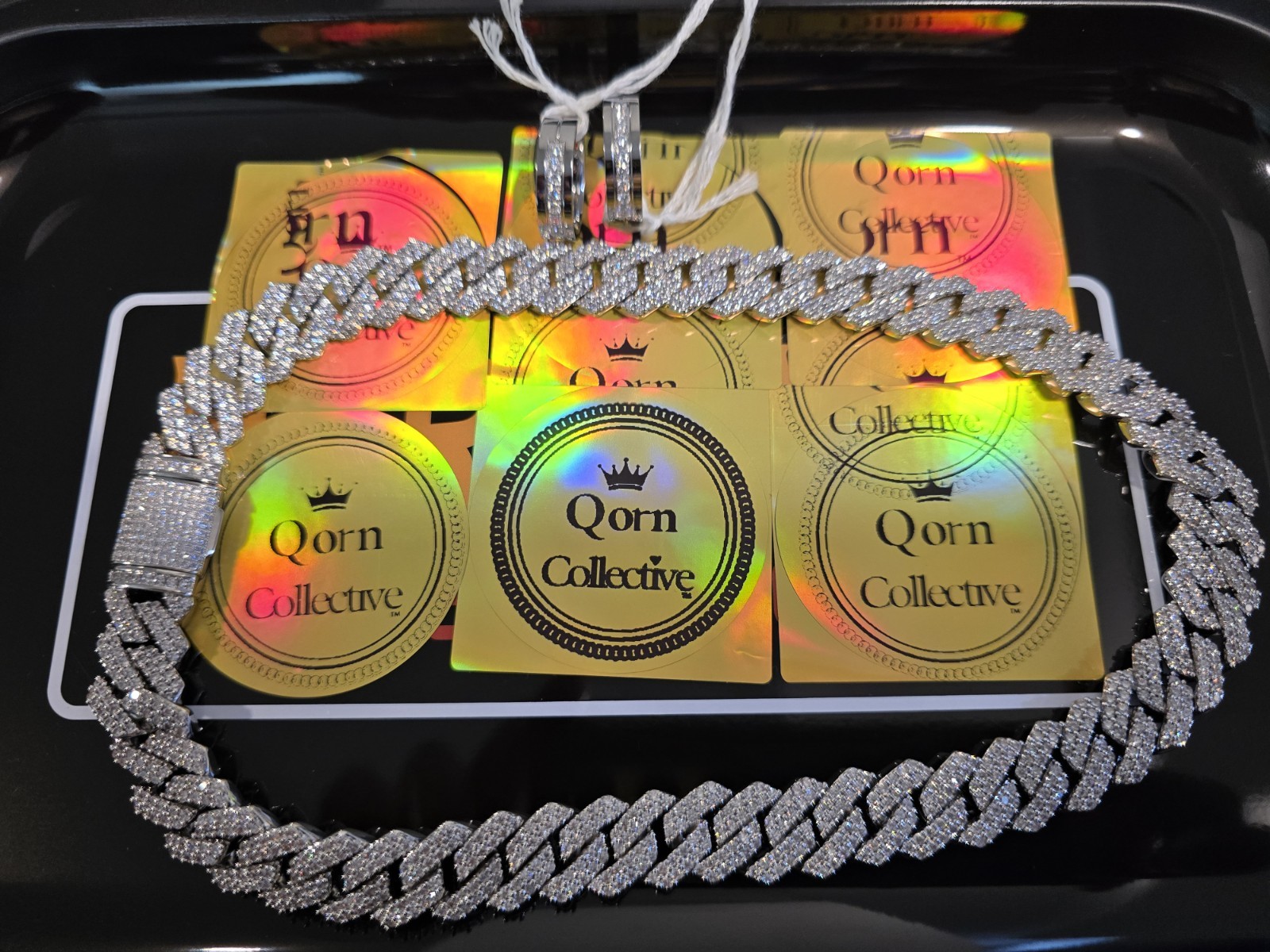 Qorn Iced Out Jewelry Set 14mm 2-Row CZ Cuban Chain & Stainless Steel Rings