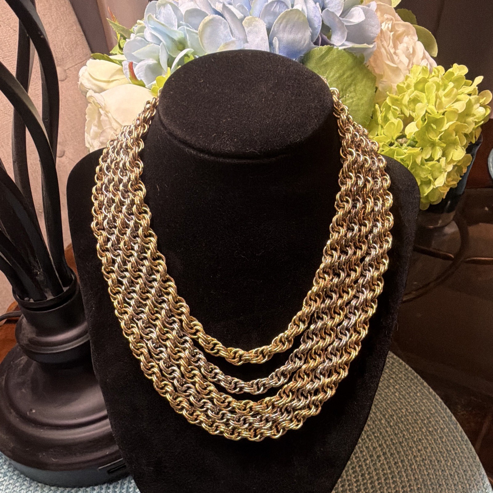 Vintage Gold & Silver Tone Layered Rope Chain NecklaceClear Crystal Clasp 15 IN