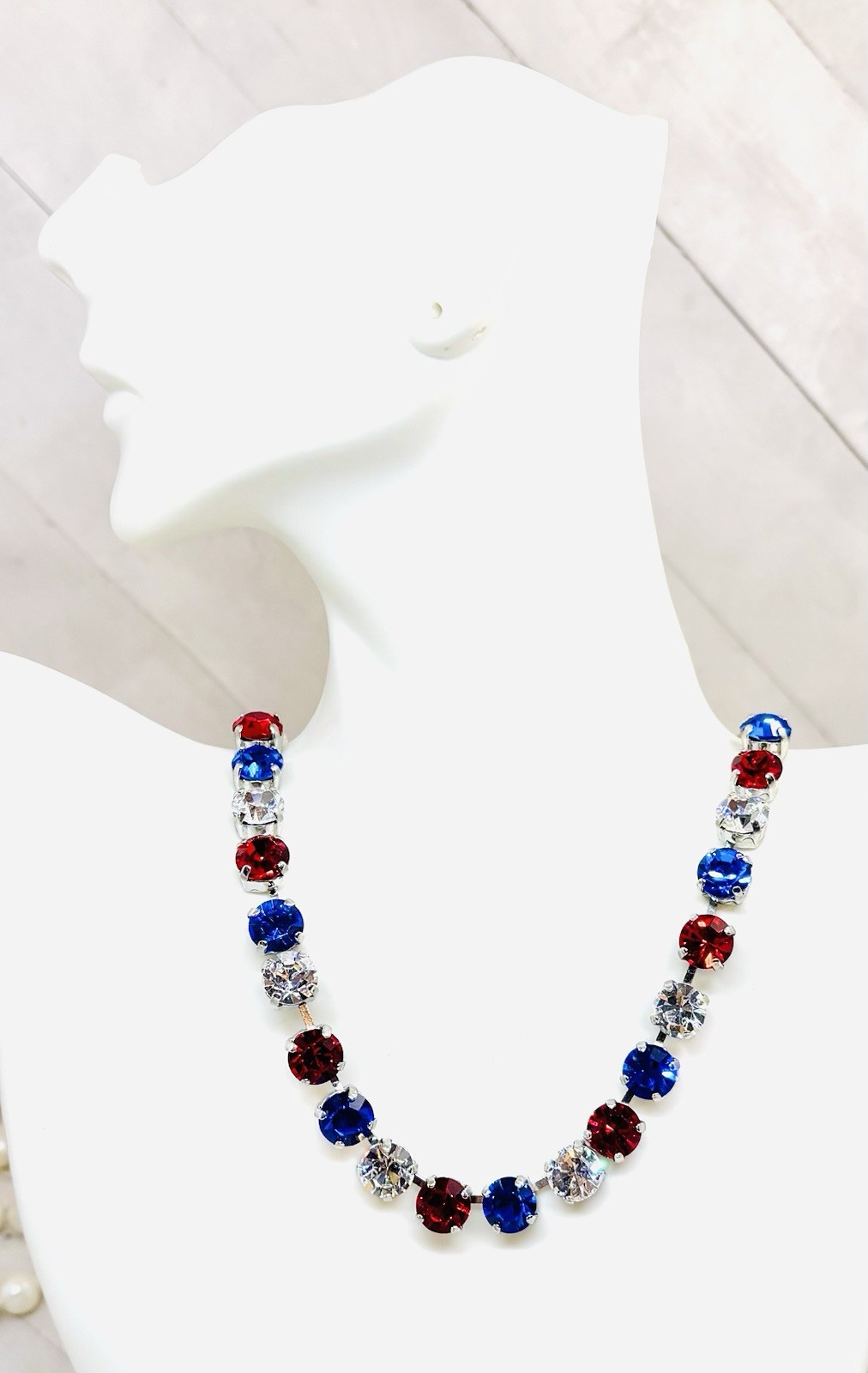 Shiny Silver Plated Patriotic Red, White, and Blue Crystal Cup Chain Necklace