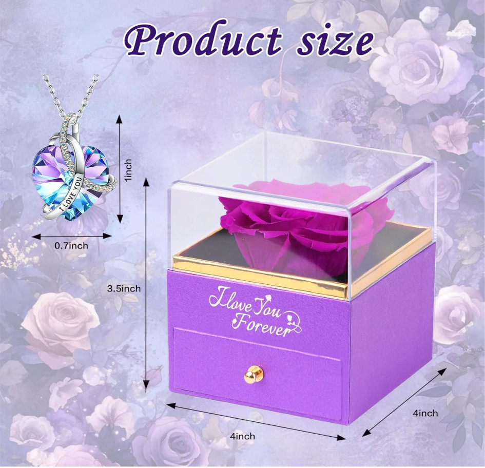 Valentine’s Day Forever Preserved Rose with Necklace Gift for Her Women Mom Wife