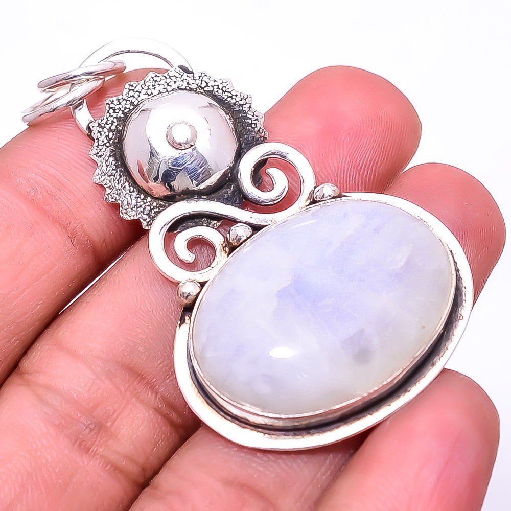 Rainbow Moonstone – India Designer Handmade 925 Sterling Silver Pendant 2.15″P11