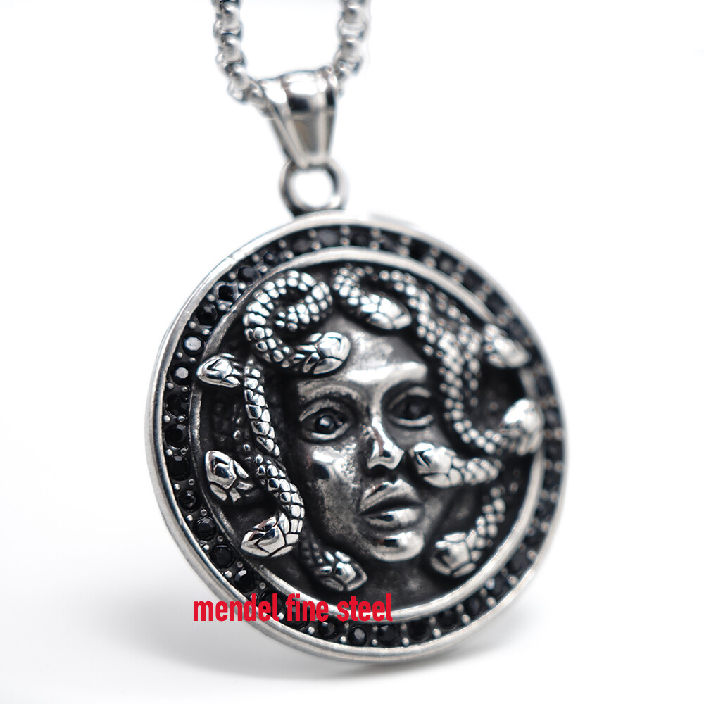 MENDEL Mens Hip Hop Black CZ Greek Medusa Snake Pendant Necklace Stainless Steel