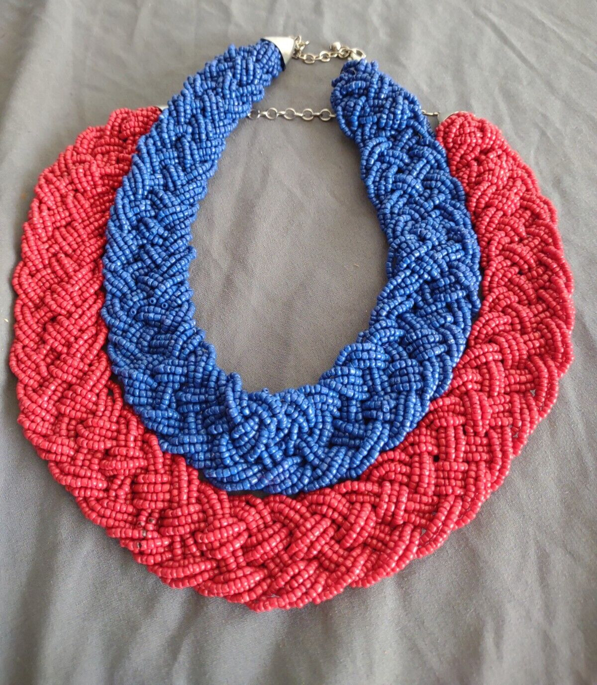 Statement Boho Glass Seed Bead Necklace Jewelry Lot Red Blue Chunky Braided