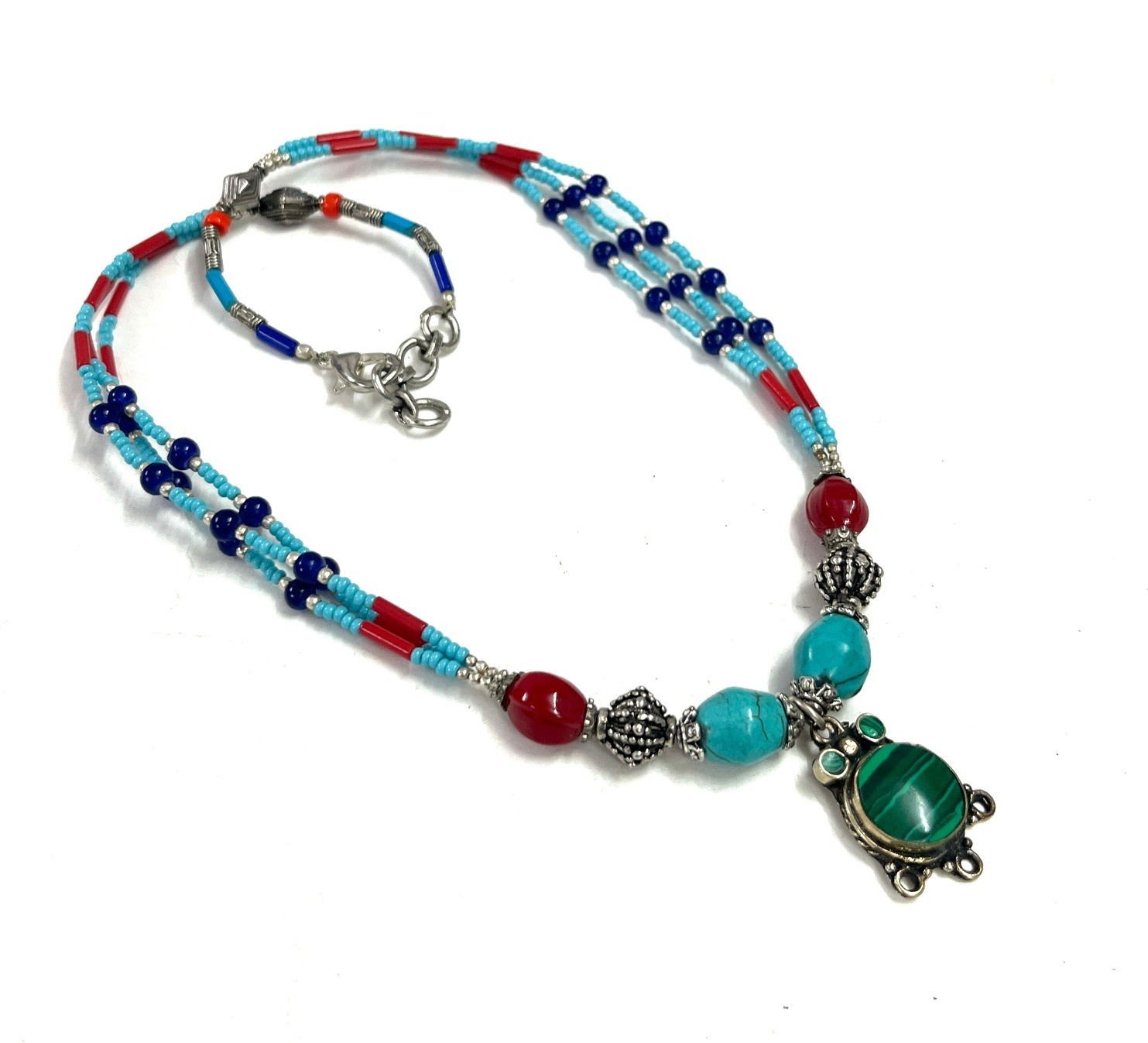 Turquoise Lapis Gemstone Tibetan Boho Pendant Necklace Jewelry, 17 Inc Adjs