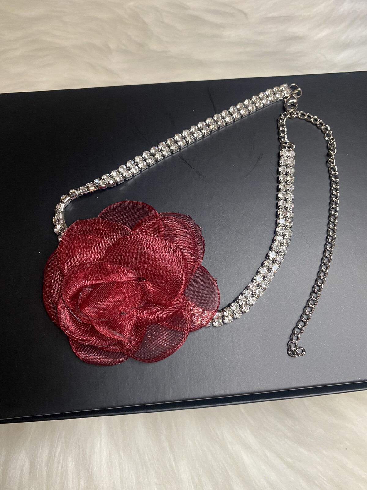 Red Camellia Flower Rhinestone Choker Necklace Bling Chain Women Jewelry New