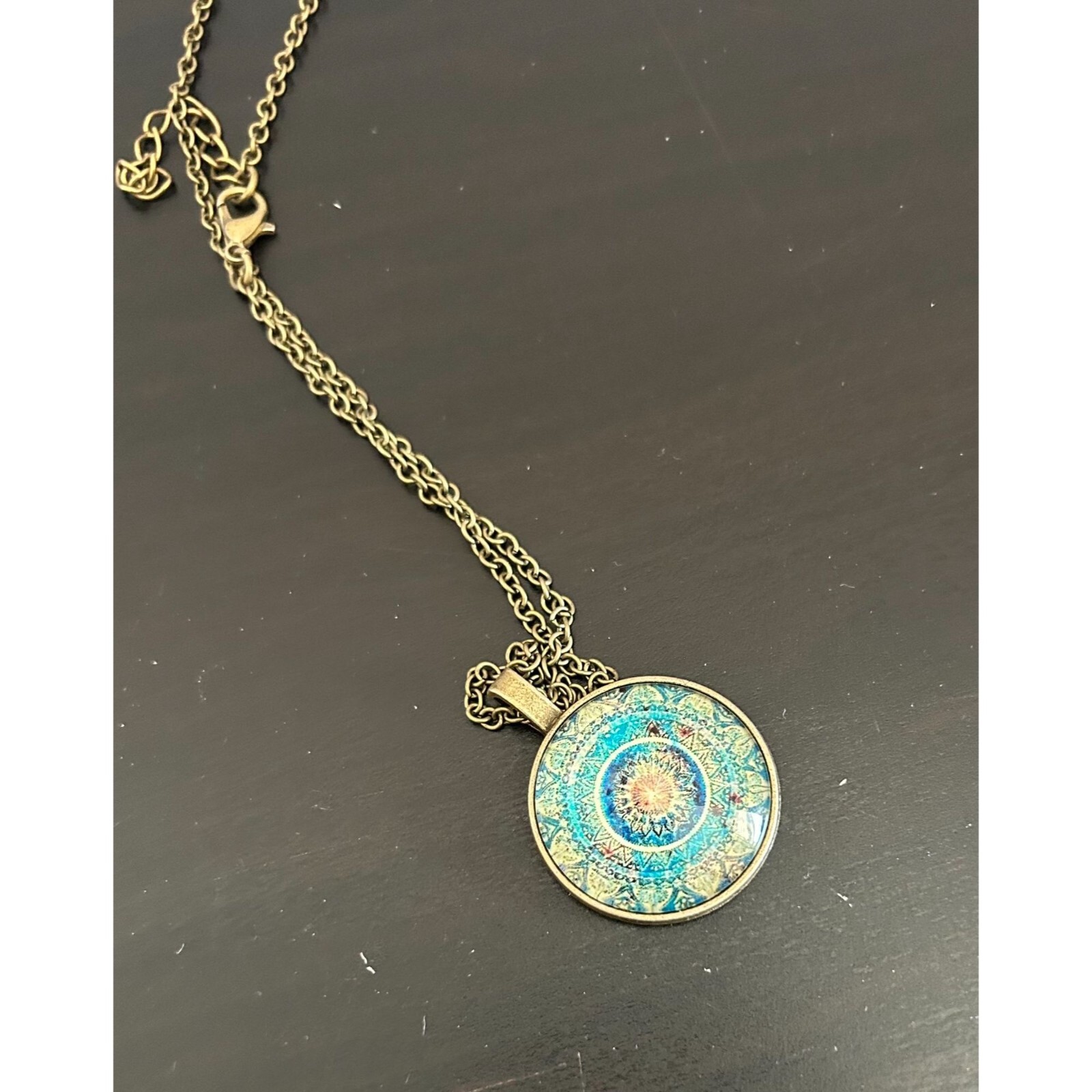 Kaleidoscope Pendant Chain Necklace Gold Tone Indian Mandala Om Hippy Buddhist
