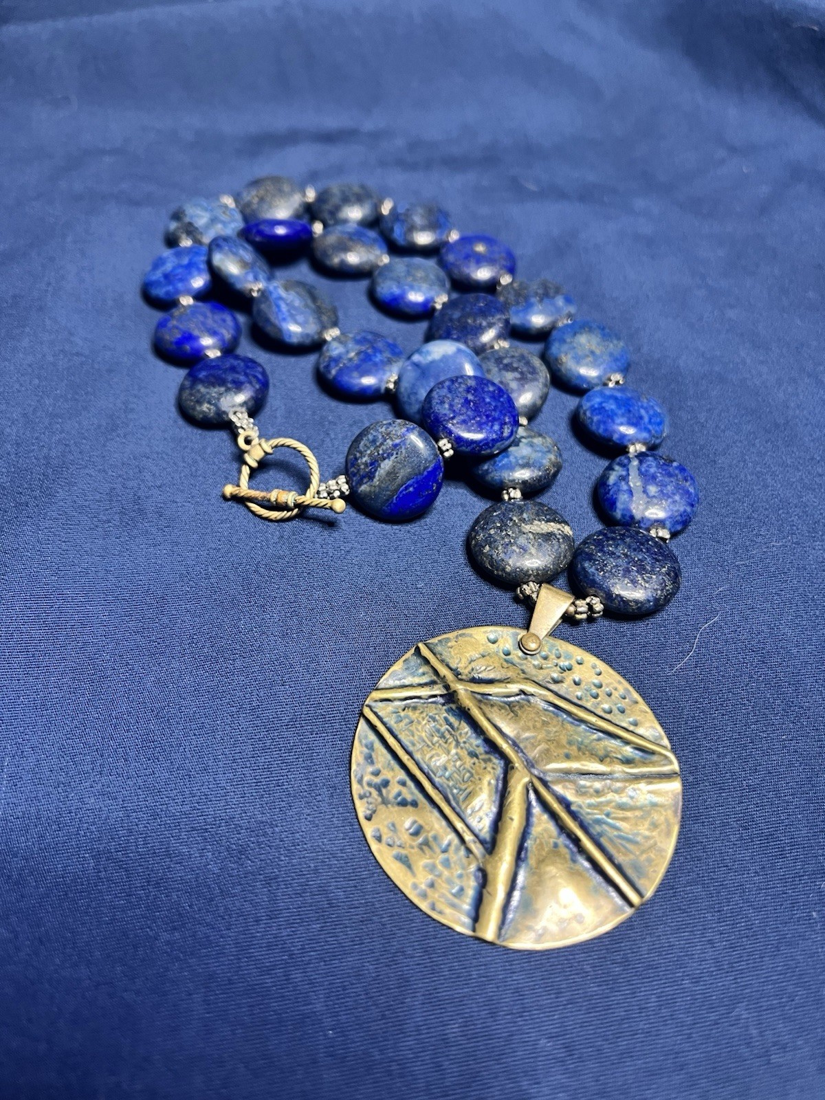 Lapis lazuli Chain Necklace with Round brass Charm Pendant Toggle