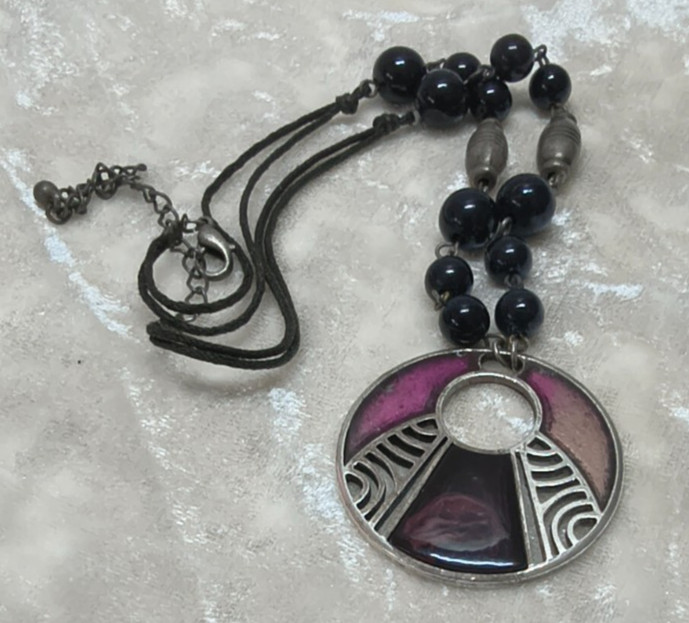 Art Deco Style Pendant Necklace Purple Black Beads Silver Tone 42 – 46cm Boho