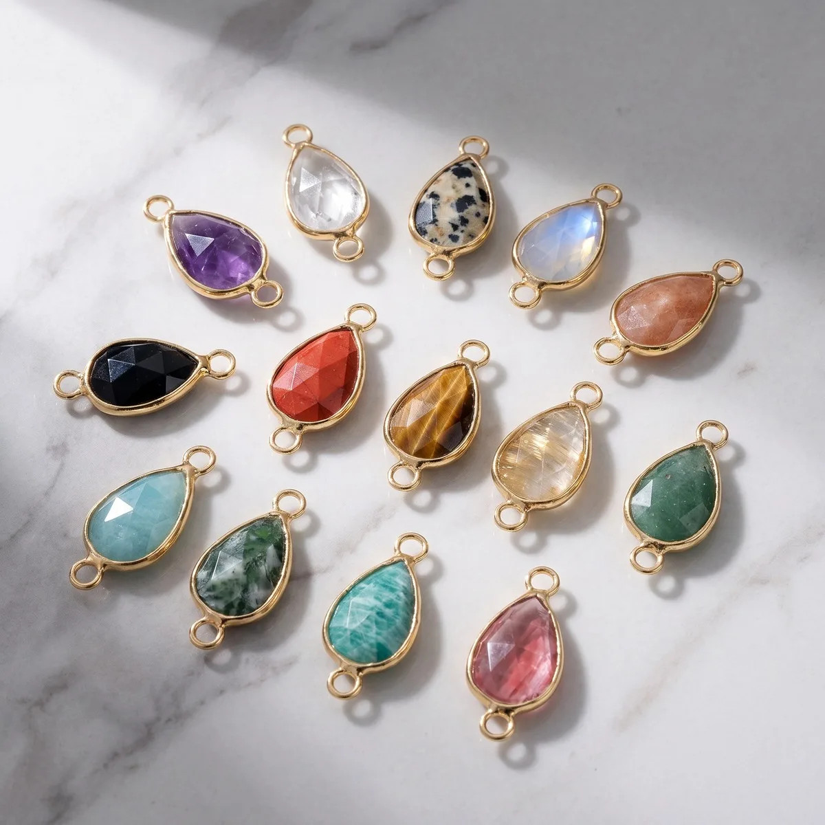 6PC 9x21mmTeardrop Connector Charms Faceted Crystal Double Loops Gold Tone