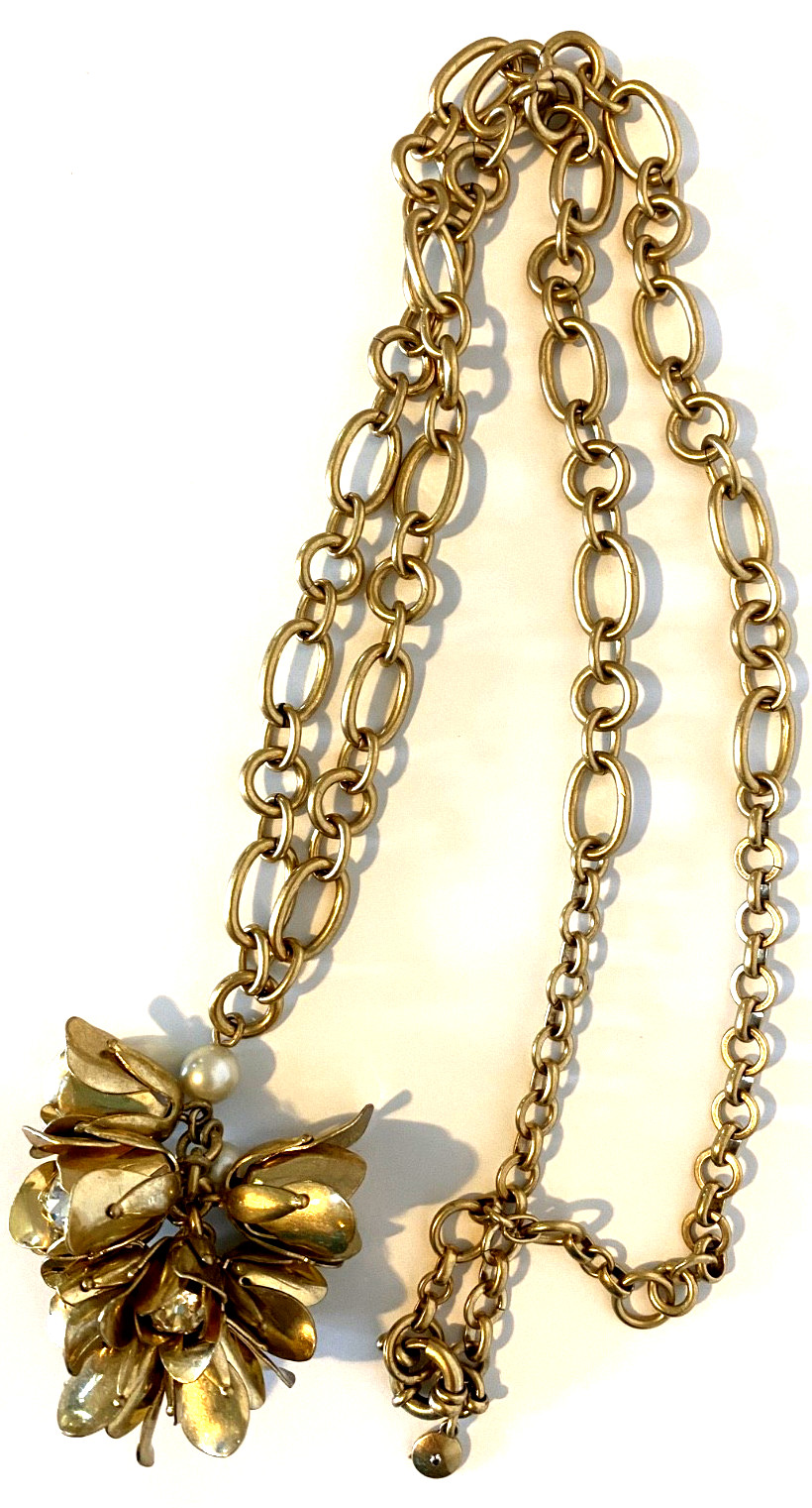 J Crew Gold tone Chunky Flower Pearl Crystal Bouquet Long Statement Necklace 30″