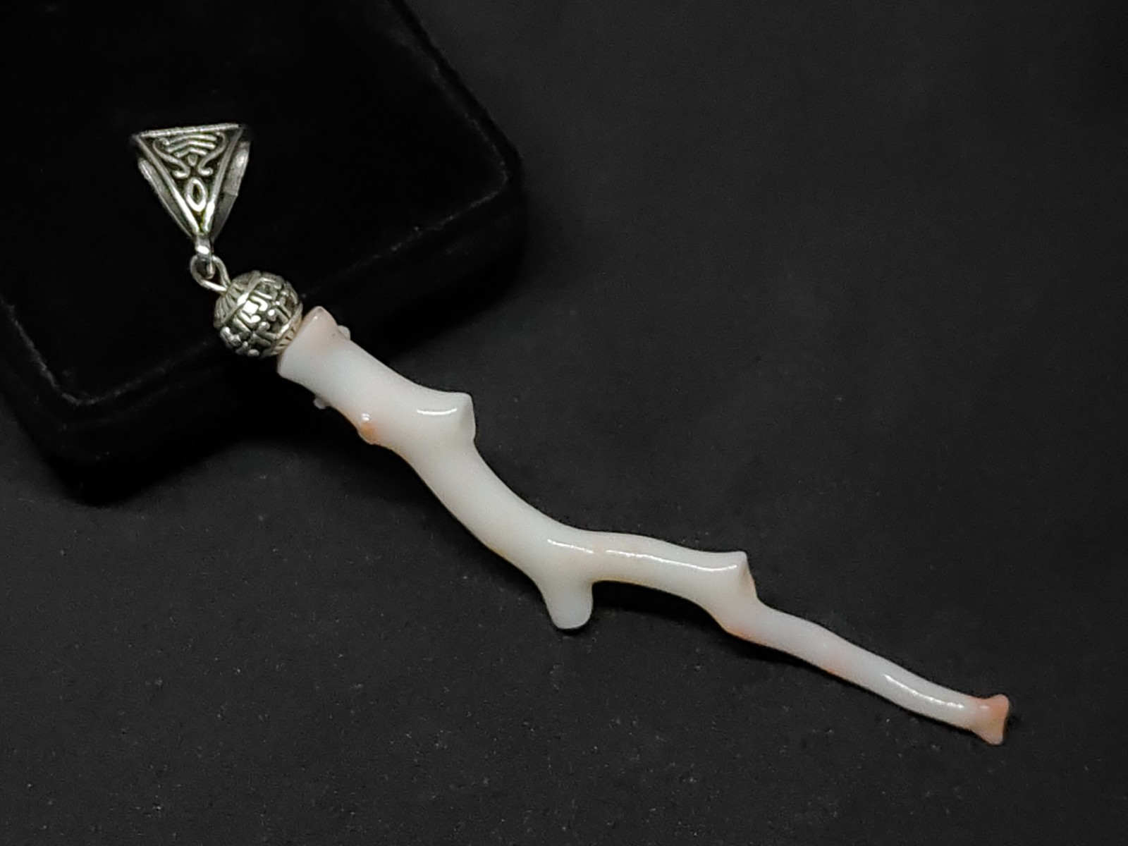 Large White Pink Stick Coral Branch Pendant: Silver Brass & Natural Branch