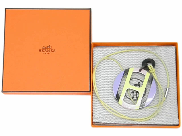 Hermes Buffalo Horn Pendant Necklace Yellow/Pink/Purple 6.5in Top 75in Cord