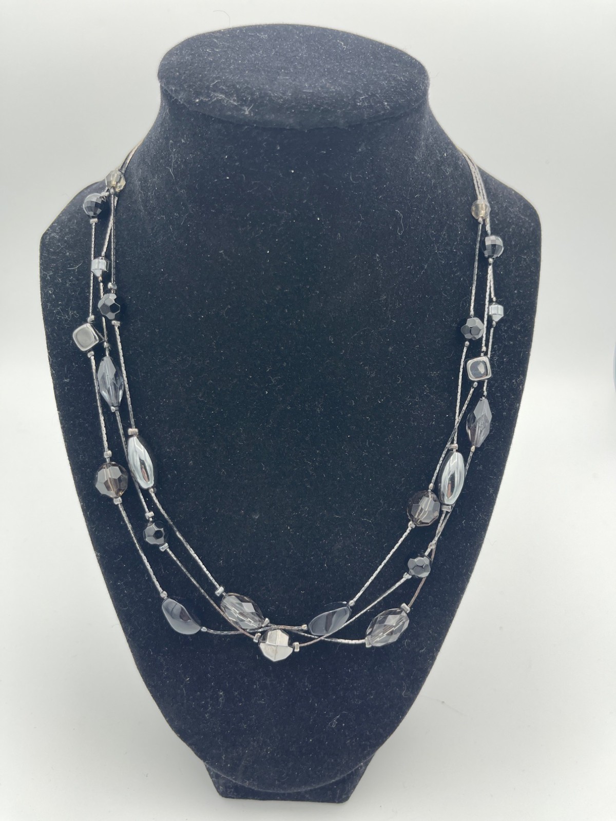Multi-Strand Silver-Tone & Glass Bead Necklace Black/Grey Faceted Beads