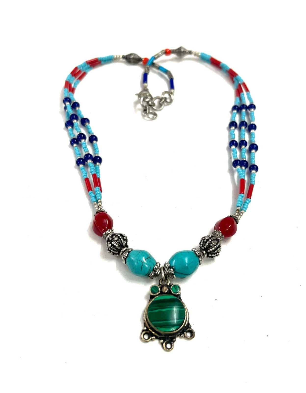 Turquoise Lapis Gemstone Tibetan Boho Pendant Necklace Jewelry, 17 Inc Adjs