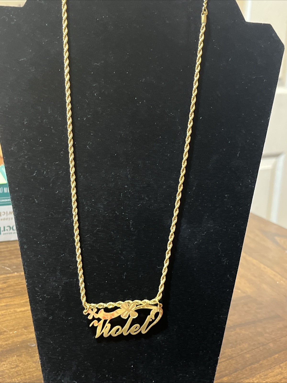 Violet Gold tone Name Plate Necklace Chain Engraved Stain Steel Adjustable
