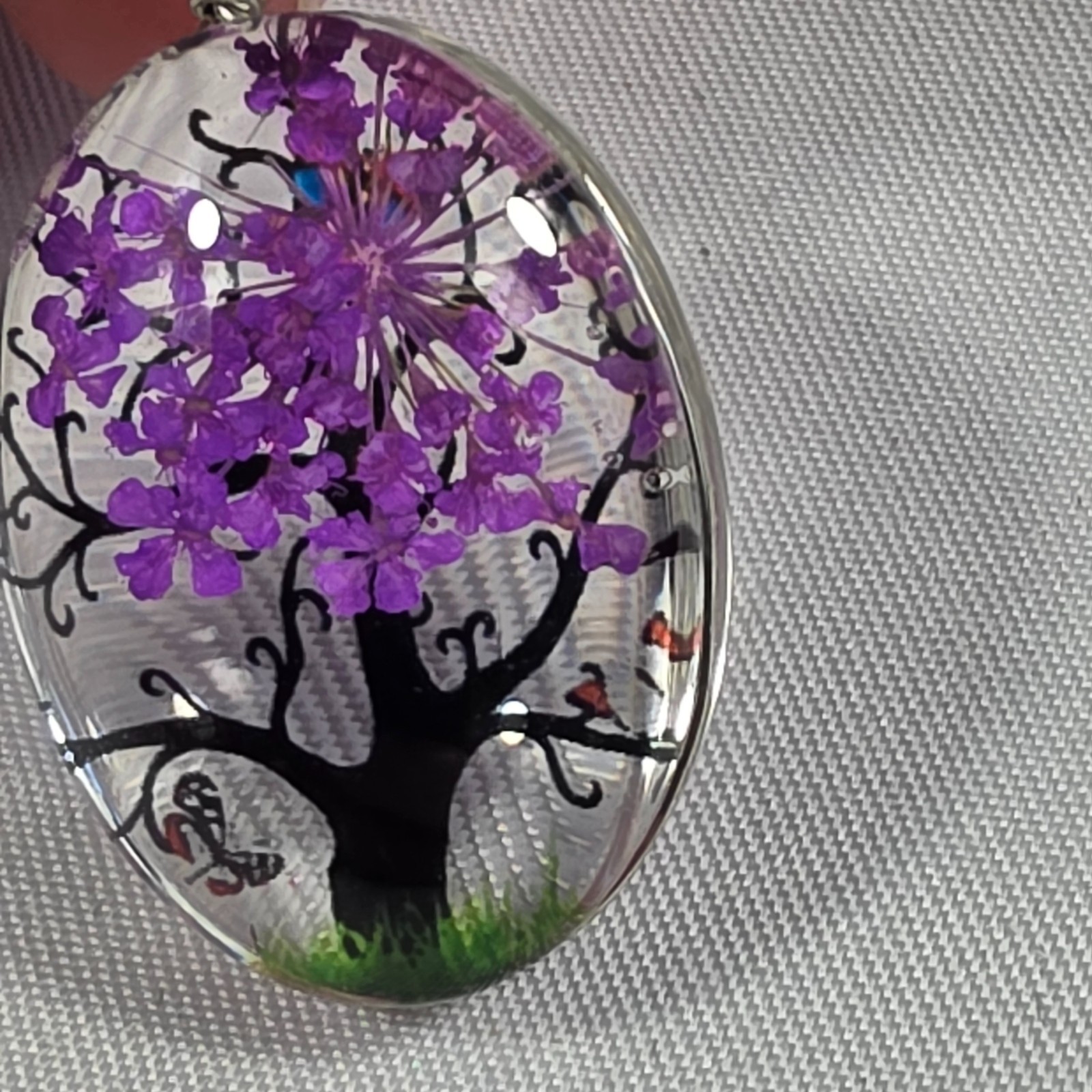 Tree of Life Resin Oval Pendant Dried Purple Flowers Butterflies, Tree & Grass