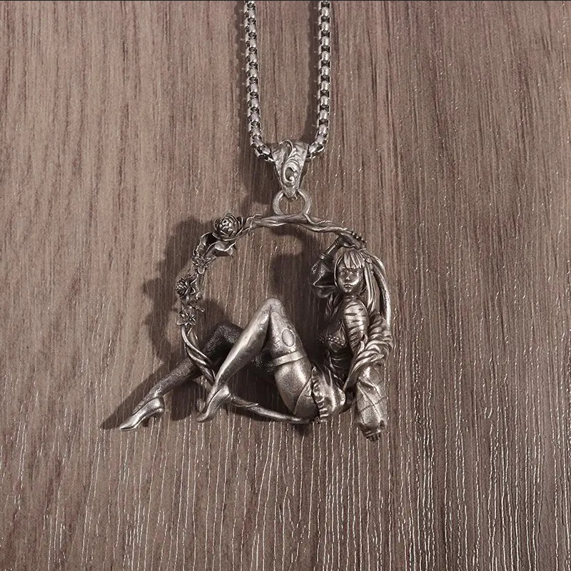 Rose Ring Beauty Jewelry Vintage Silver Sexy Goddess Swinging Pendant Necklace