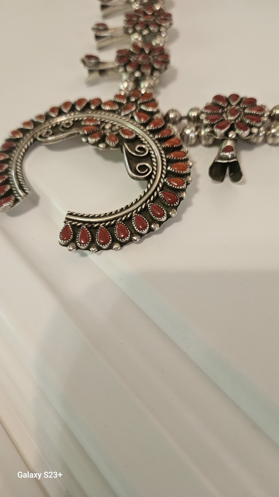 Silver Tone Beaded Necklace Crescent Charm Pendant Red Teardrop Floral Hook