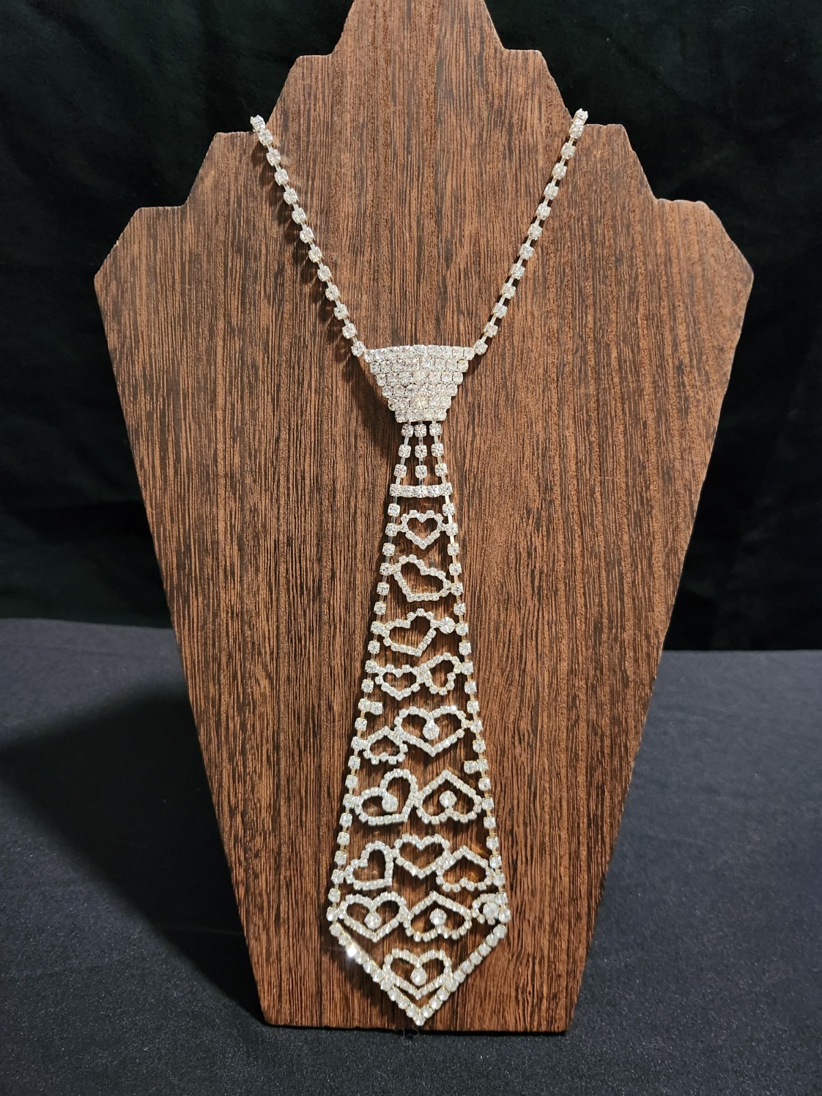 Rhinestone Tie Necklace Clear Silver Toned Fashion Jewelry Hearts Bow Necktie