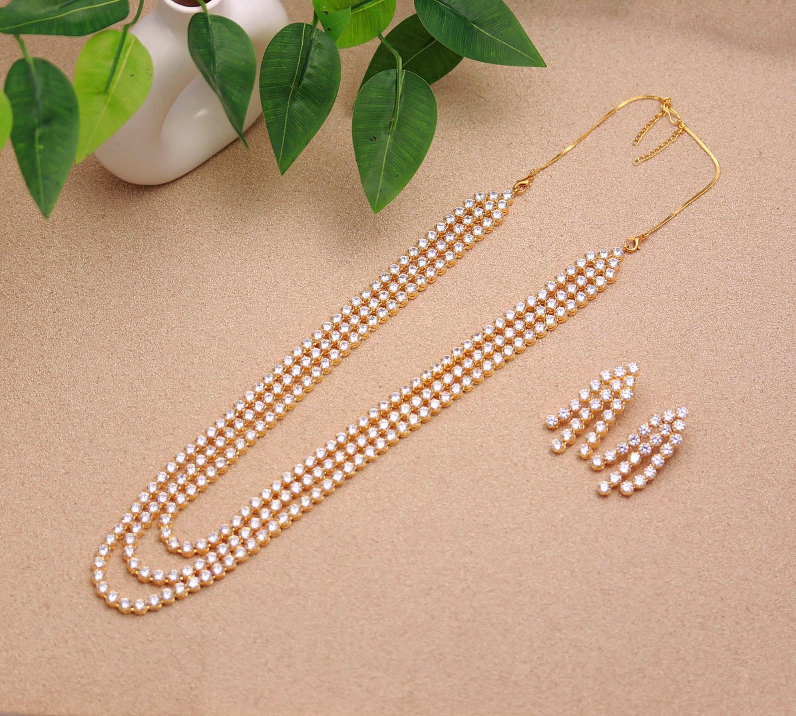Cubic Zircon Triple Strand Necklace Earrings Set, Gold Plated Bridal Wedding