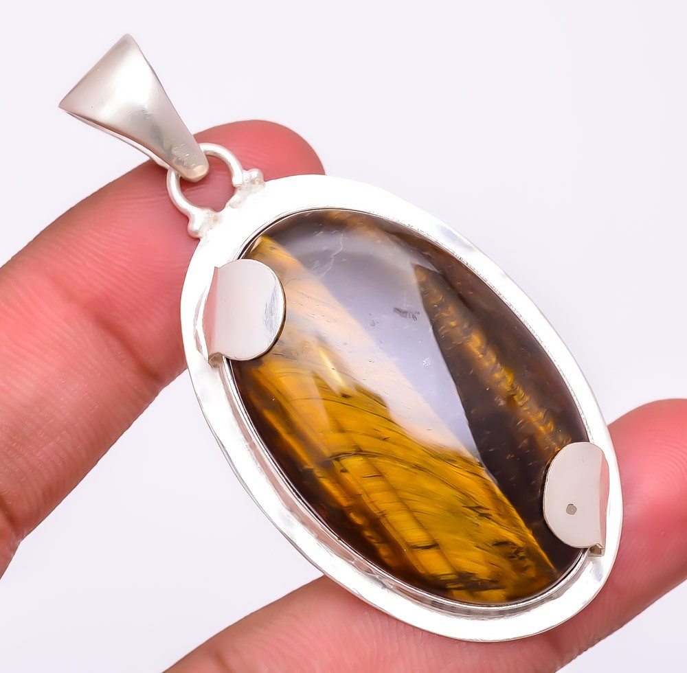 Natural Tiger’S Eye Gemstone 925 Silver Plated Jewelry Pendant 2.5″ M1416