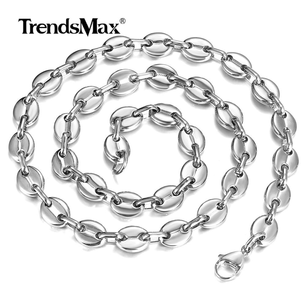 9mm 22″ Silver Stainless Steel Coffee Beans Marina Chain Necklace