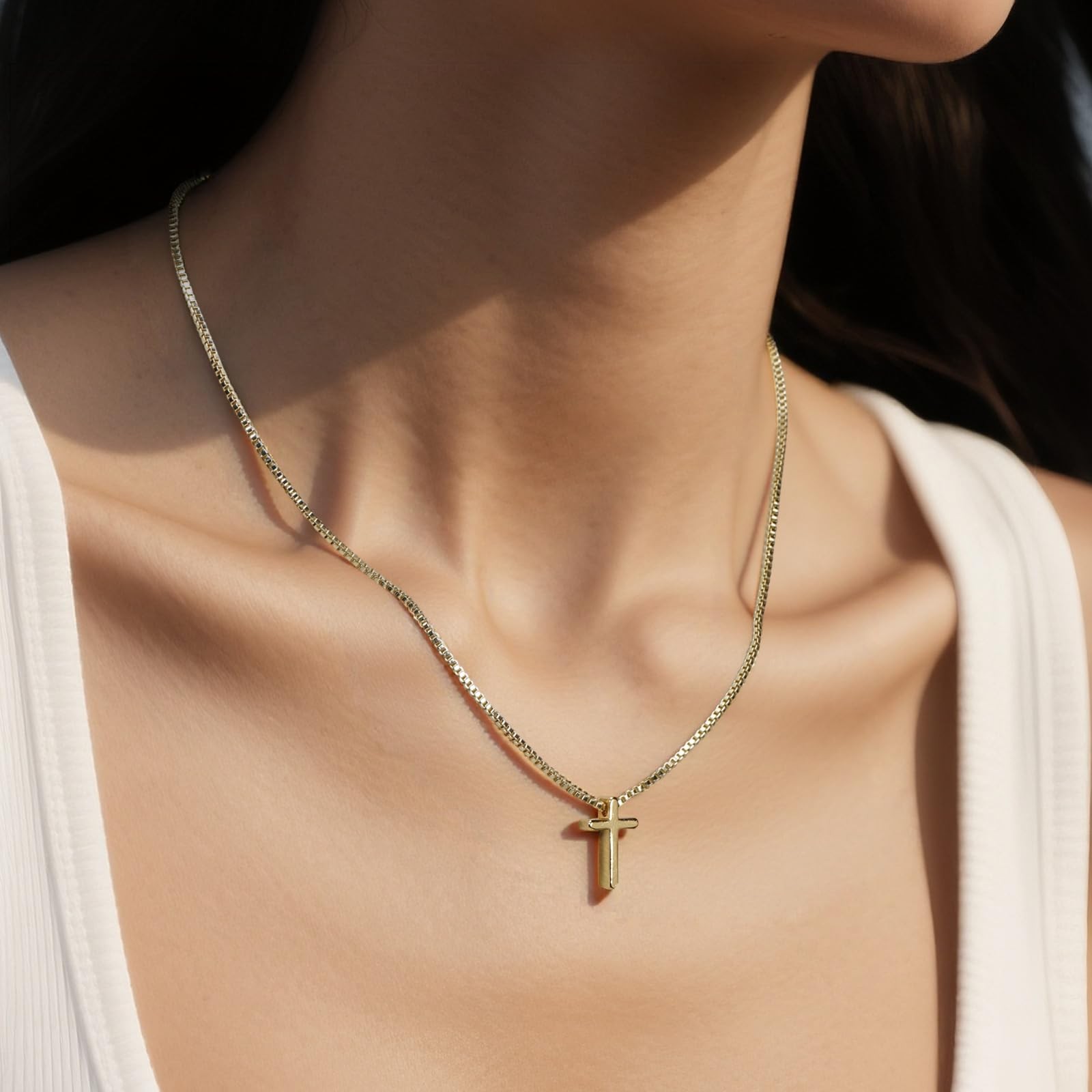 Gold Necklace for Women, Cross Dainty 18K Real one size, GOLD