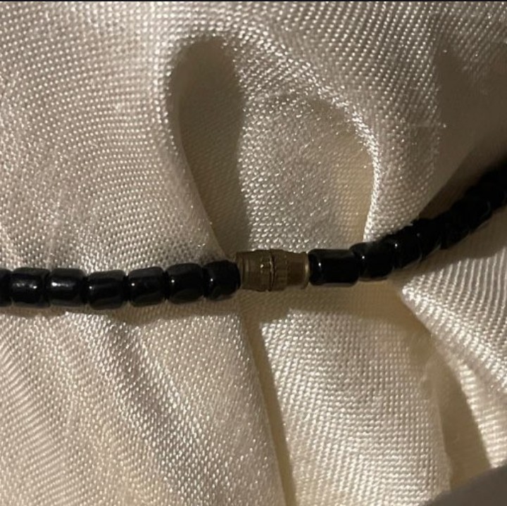 Black Beaded Ball Chain Necklace w/ Orange Rectangle Pendant Charm, Stone Glass