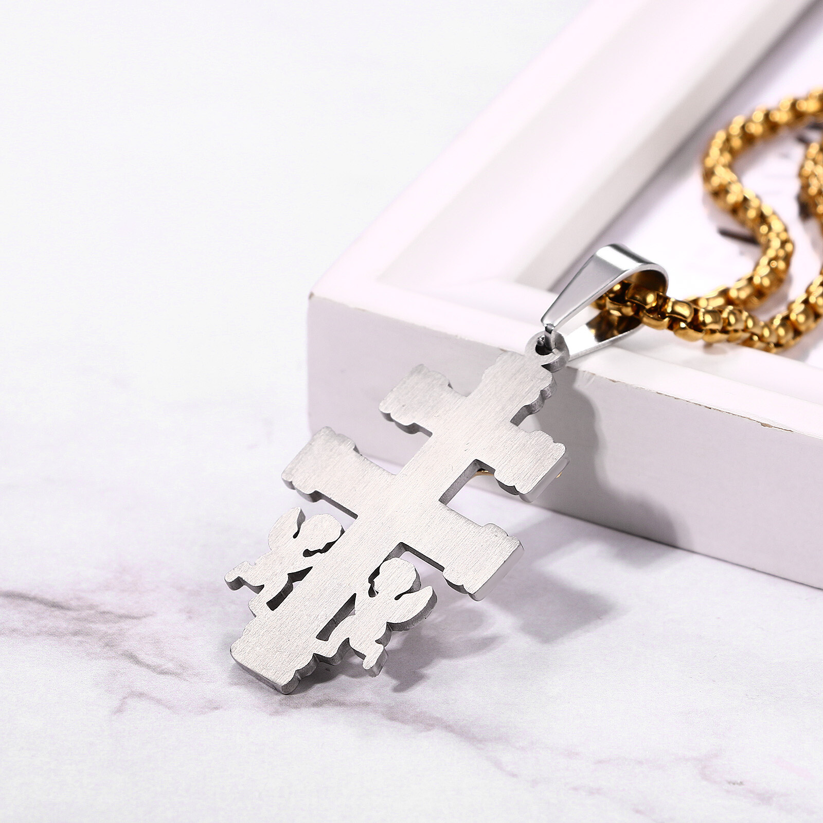 Mens Boys Stainless Steel Caravaca Double Cross Angels Crucifix Pendant Necklace