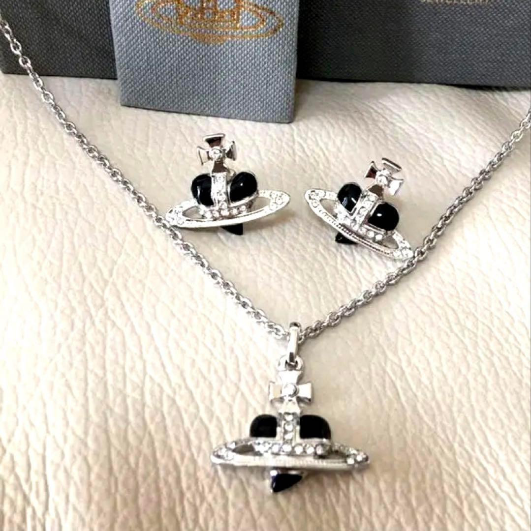 【In Box/Pouch】Diamante Heart Necklace Earrings Set Black