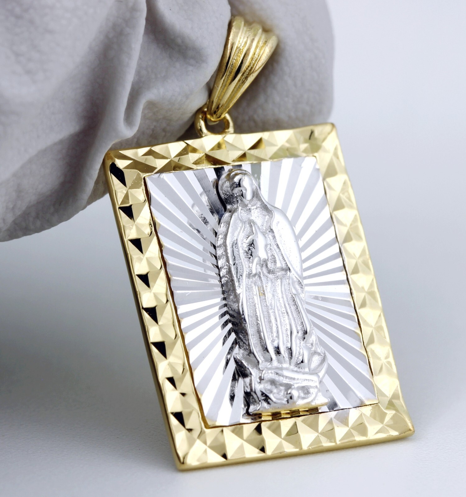 Women 925 Sterling Silver 19mm Gold Miraculous Virgin Mary Rectangle Bar Pendant