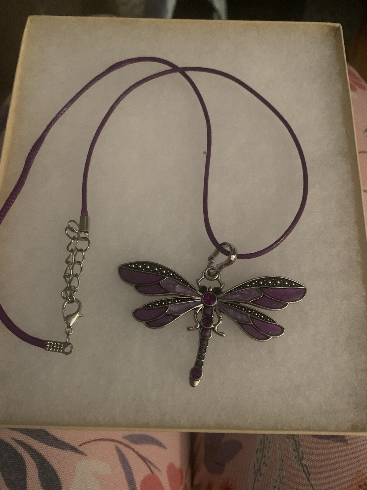 Purple Dragonfly On 18 In Cord and Chain Necklace Silver Tone Purple Stones