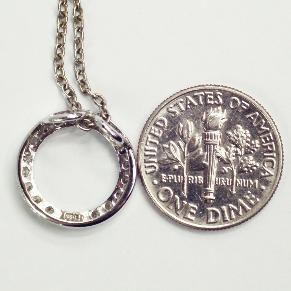 Sterling silver cable chain white/colorless CZ open circle pendant necklace 16”