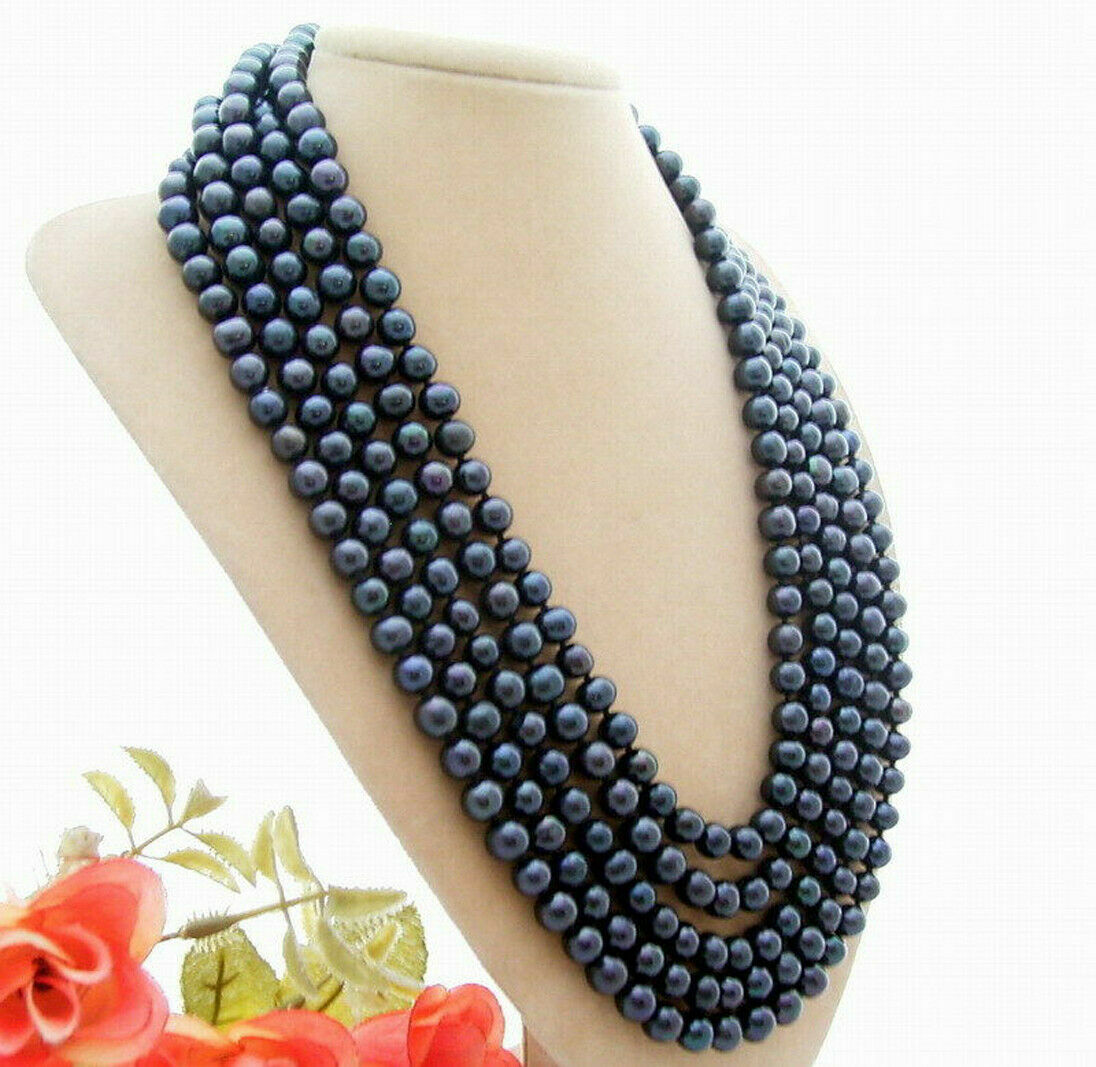 7-8mm Natural South Freshwater Black Pearl Fashion Long Necklace 100” AAA++