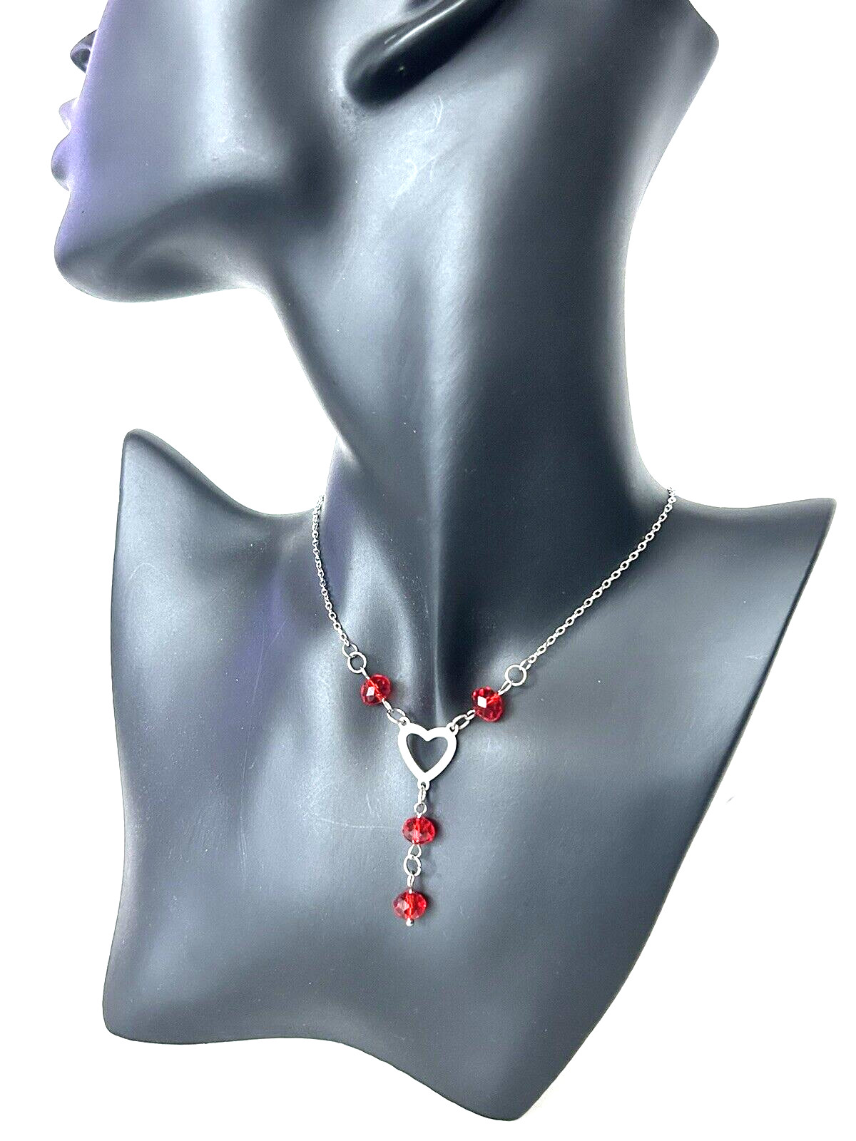 Cherry Red Glass Beaded HEART Y-Drop Necklace Stainless Steel- YOU CHOOSE LENGTH