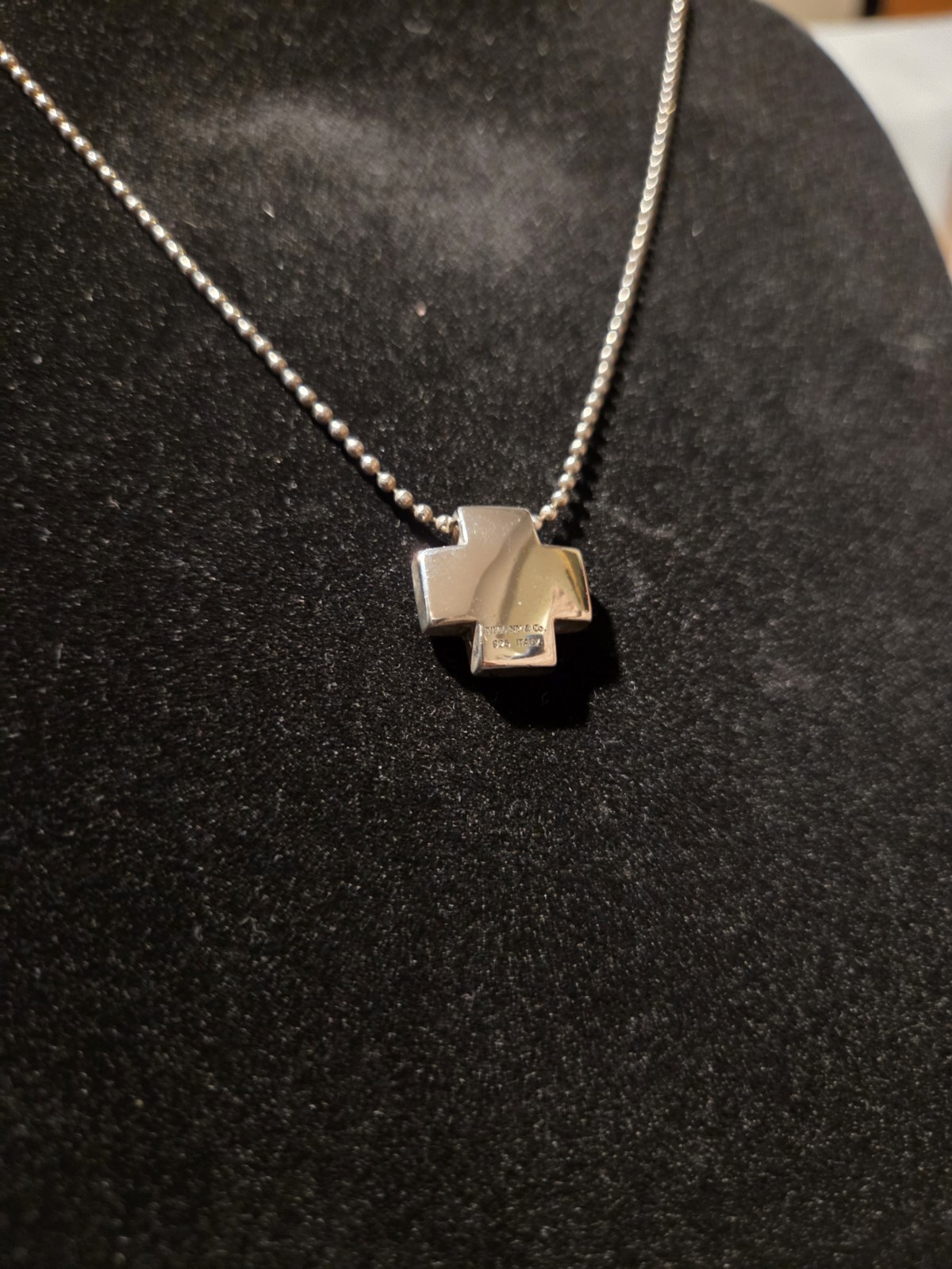 Tiffany & Co. 925 Sterling Square Roman Cross On Ball Chain Necklace Signed