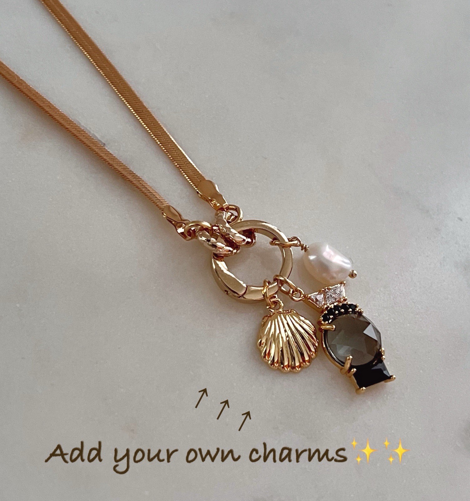 Gold Carabiner Necklace Charm Keeper Necklace Flat Herringbone Chain Necklace